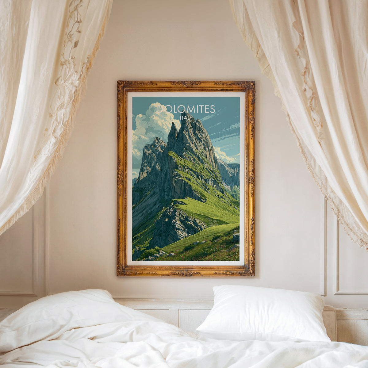 Seceda Dolomites print in an ornate gold frame above a white bed with linen canopy curtains