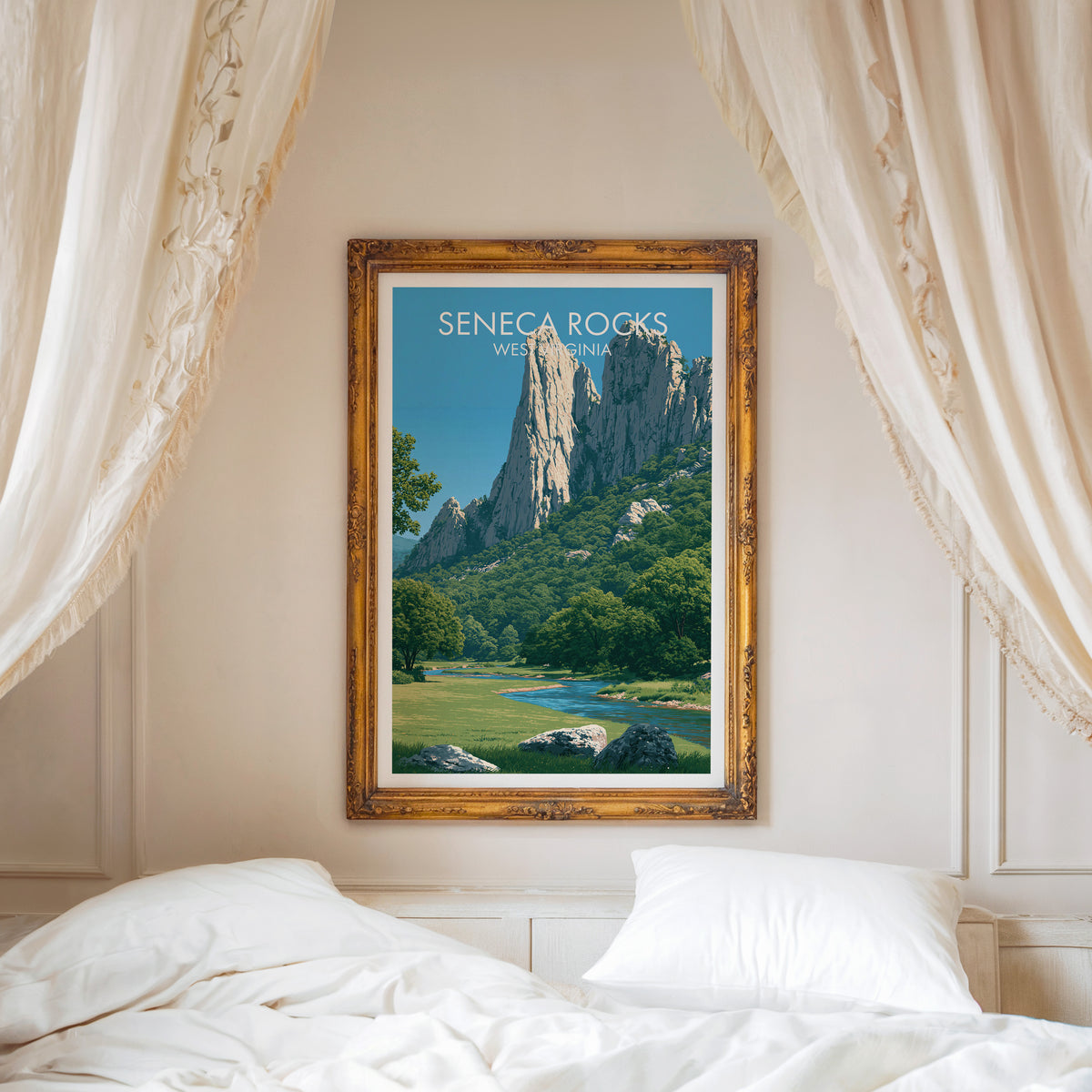 Seneca Rocks print in a carved gold frame above a white bed with a linen canopy and moulded walls.