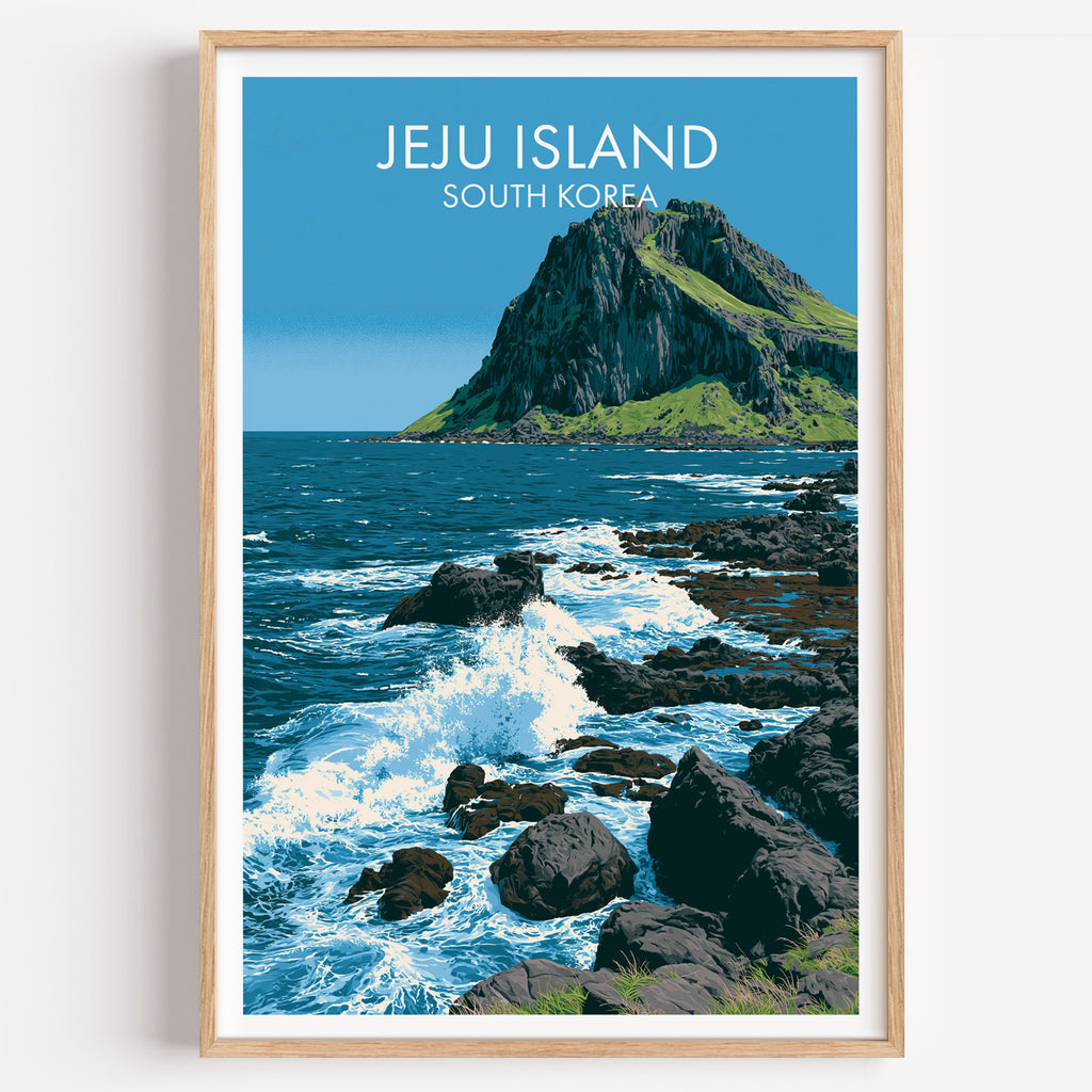 Seongsan Ilchulbong Jeju Korea travel poster in a natural wood frame, shown against a clean white wall