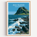Seongsan Ilchulbong Jeju Korea travel poster in a natural wood frame, shown against a clean white wall