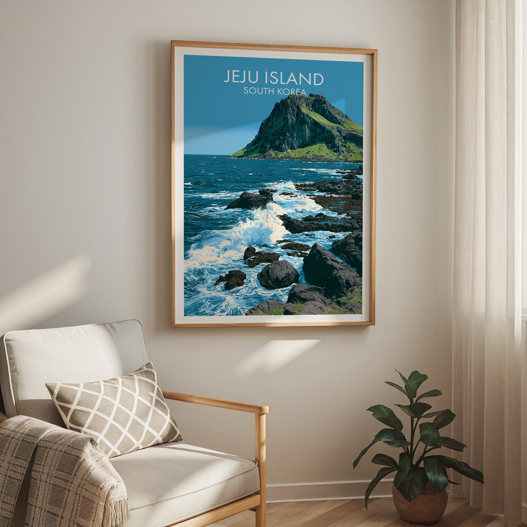 Seongsan Ilchulbong Jeju Korea travel print in a light oak frame on a living room wall beside a linen armchair