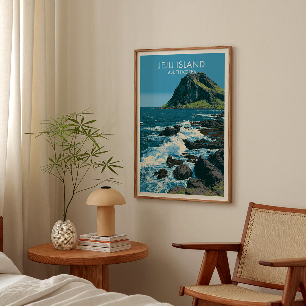 Seongsan Ilchulbong Jeju Korea poster above a bedroom nightstand with a bamboo plant and mushroom lamp
