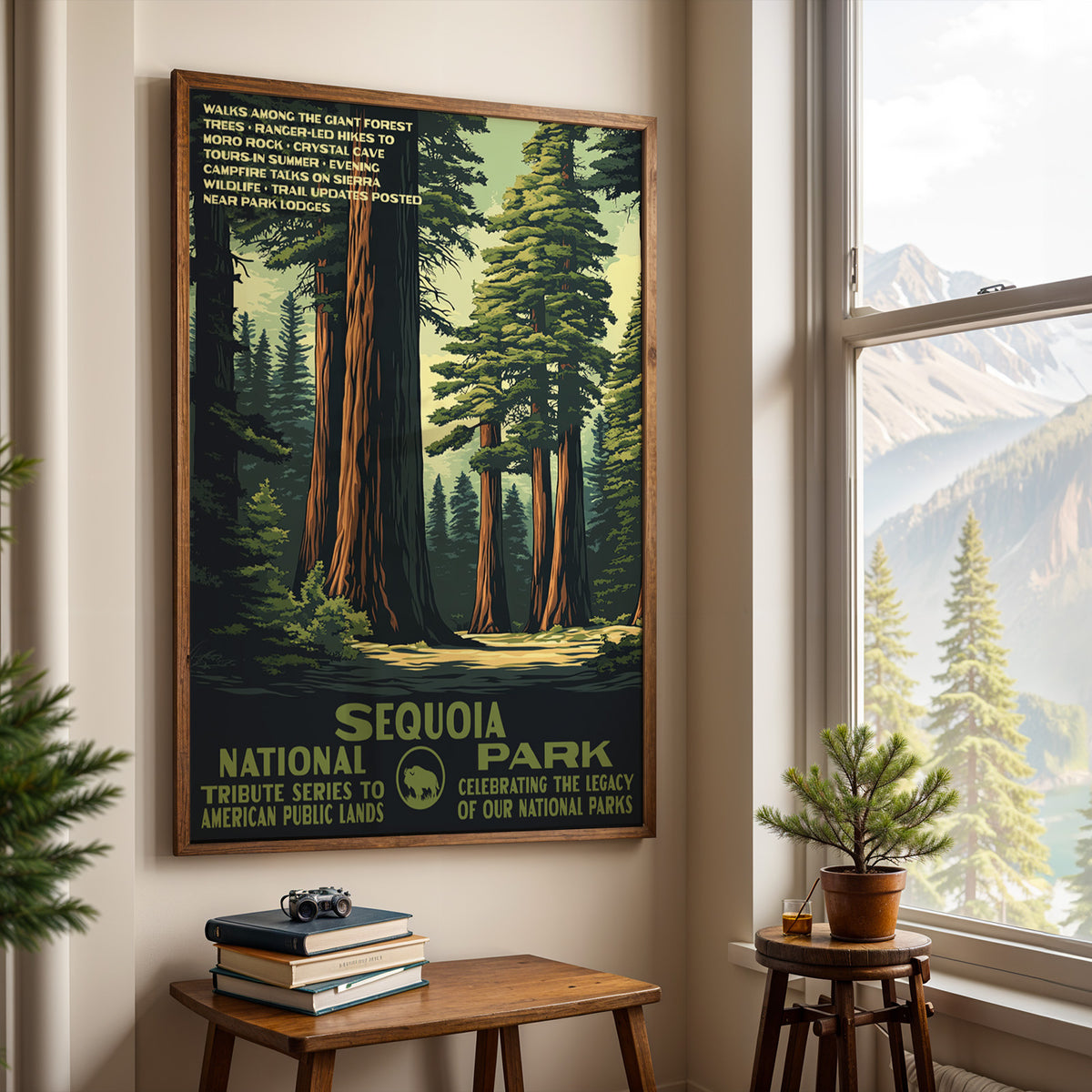 Sequoia National Park wall art hung by a window with a mountain view and a side table