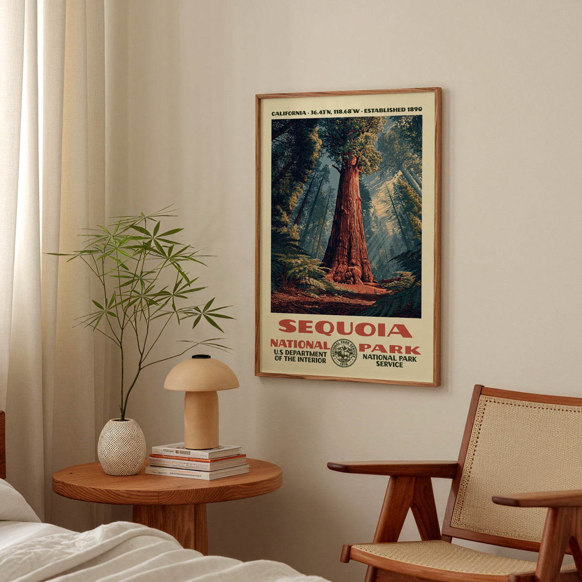 Sequoia National Park vintage WPA print hanging above a side table in a calm bedroom corner