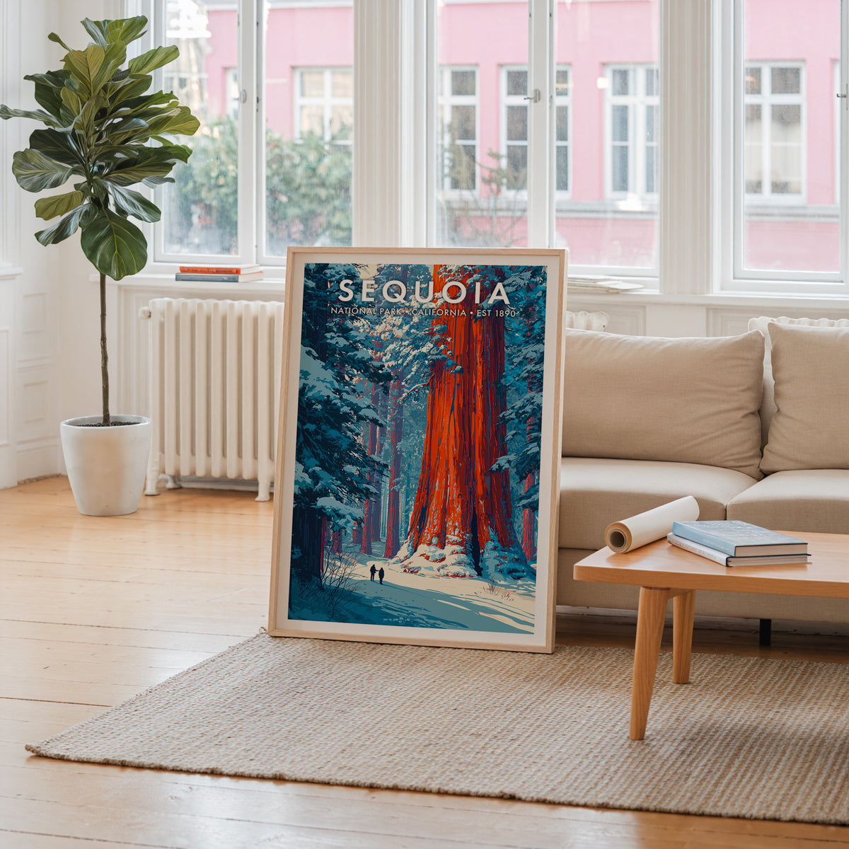 Sequoia National Park mid-century modern art print propped in a neutral living room behind a low oak coffee table — living room wall art