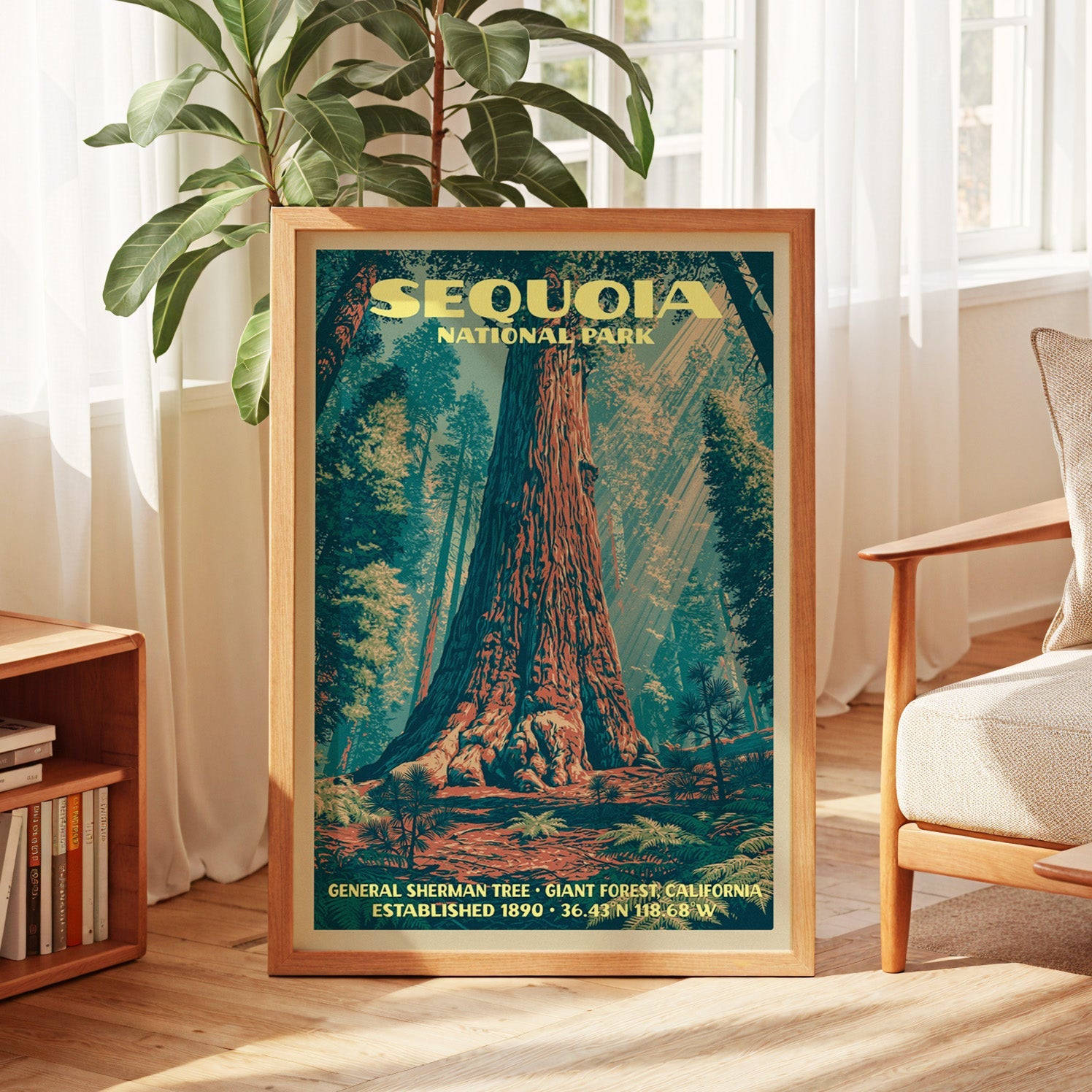 Sequoia giant forest print in oak, leaning by a sunlit window with sheer curtains and a low bookshelf