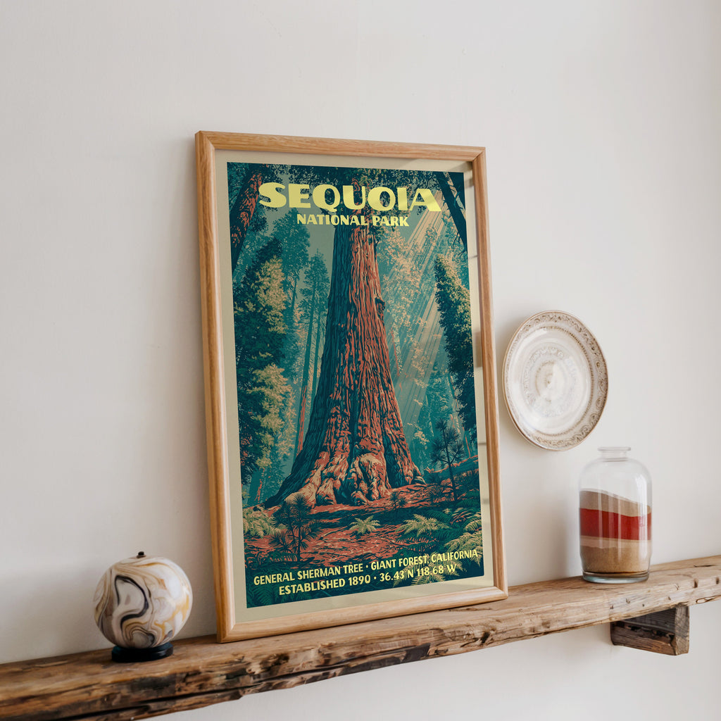 Sequoia General Sherman print in oak, leaning on a reclaimed wood ledge with a stone sphere and sand jar
