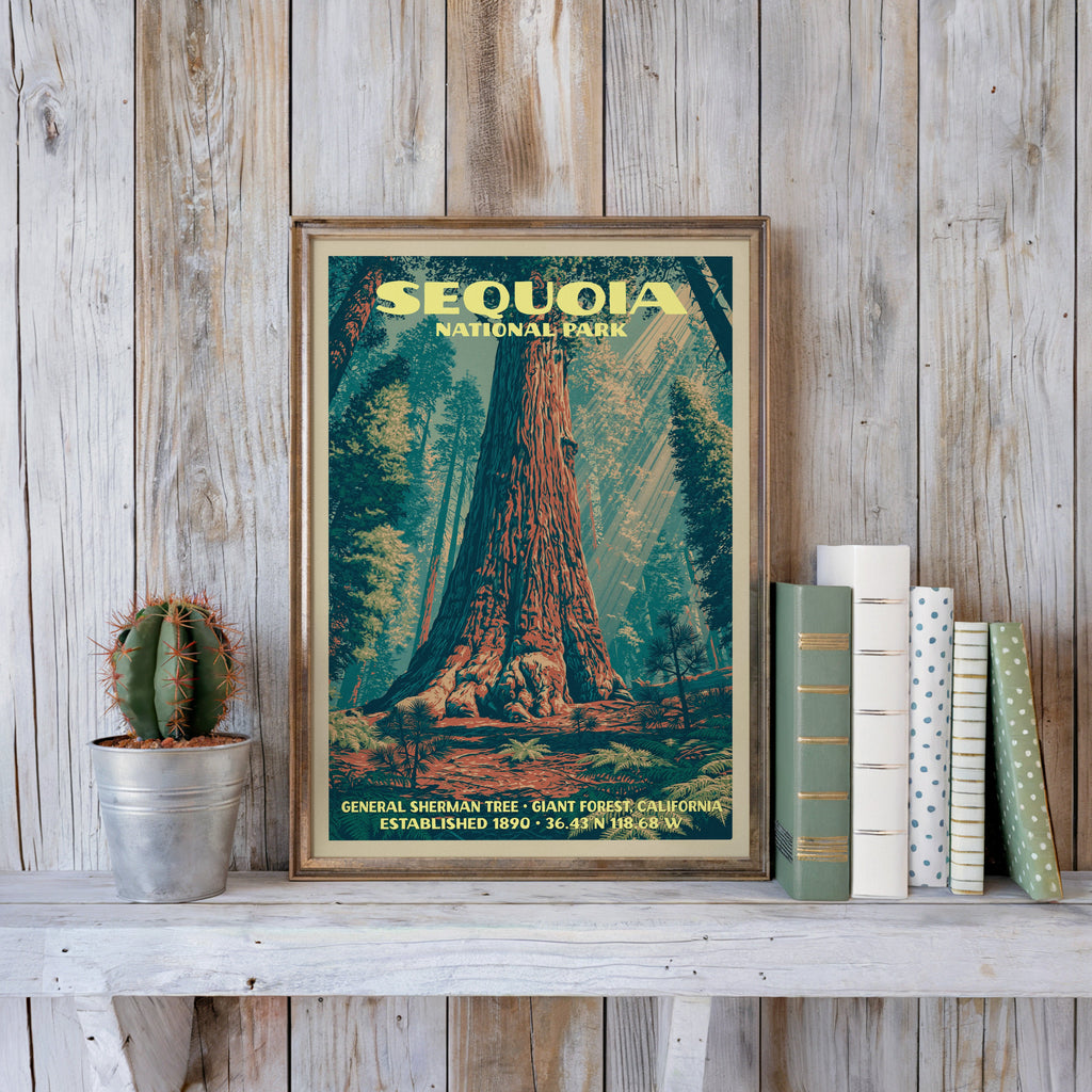 Sequoia giant tree print in a slim gold frame on a whitewashed plank wall beside a cactus and pastel books