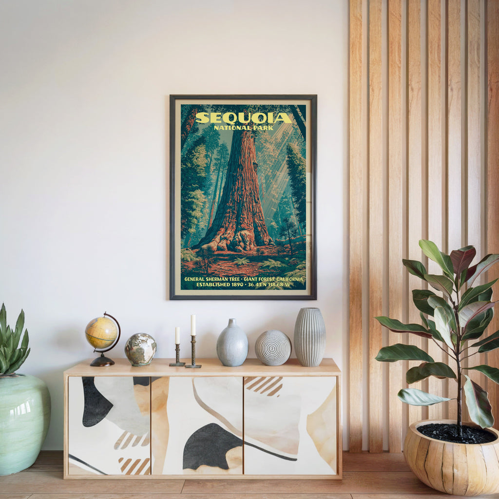 Sequoia National Park print in a black frame above a light wood sideboard by a slatted wall panel