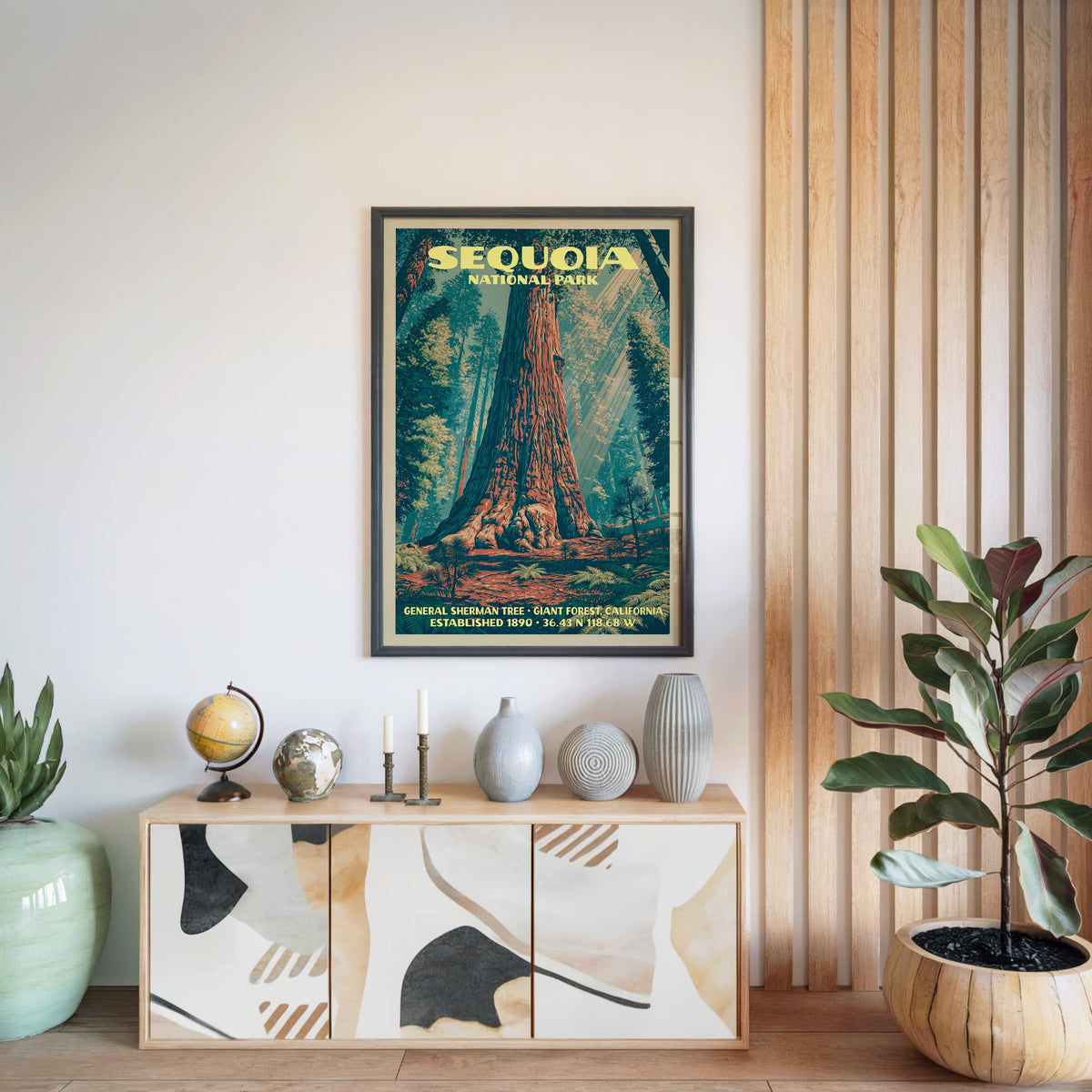 Sequoia National Park print in a black frame above a light wood sideboard by a slatted wall panel