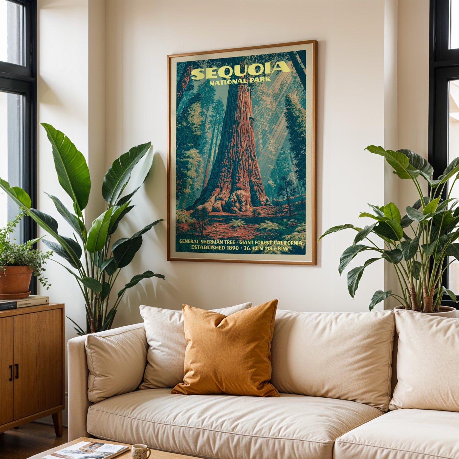 Sequoia vintage travel print in oak above a cream sofa with a rust cushion and tall houseplants