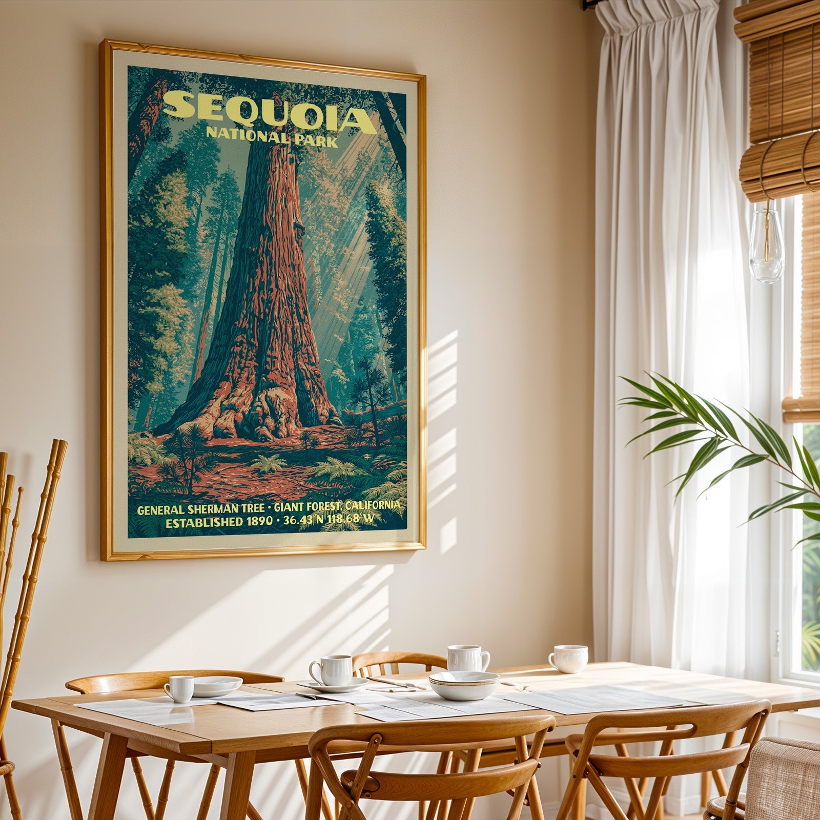 Sequoia National Park print in gold above a light oak dining table by a curtained window