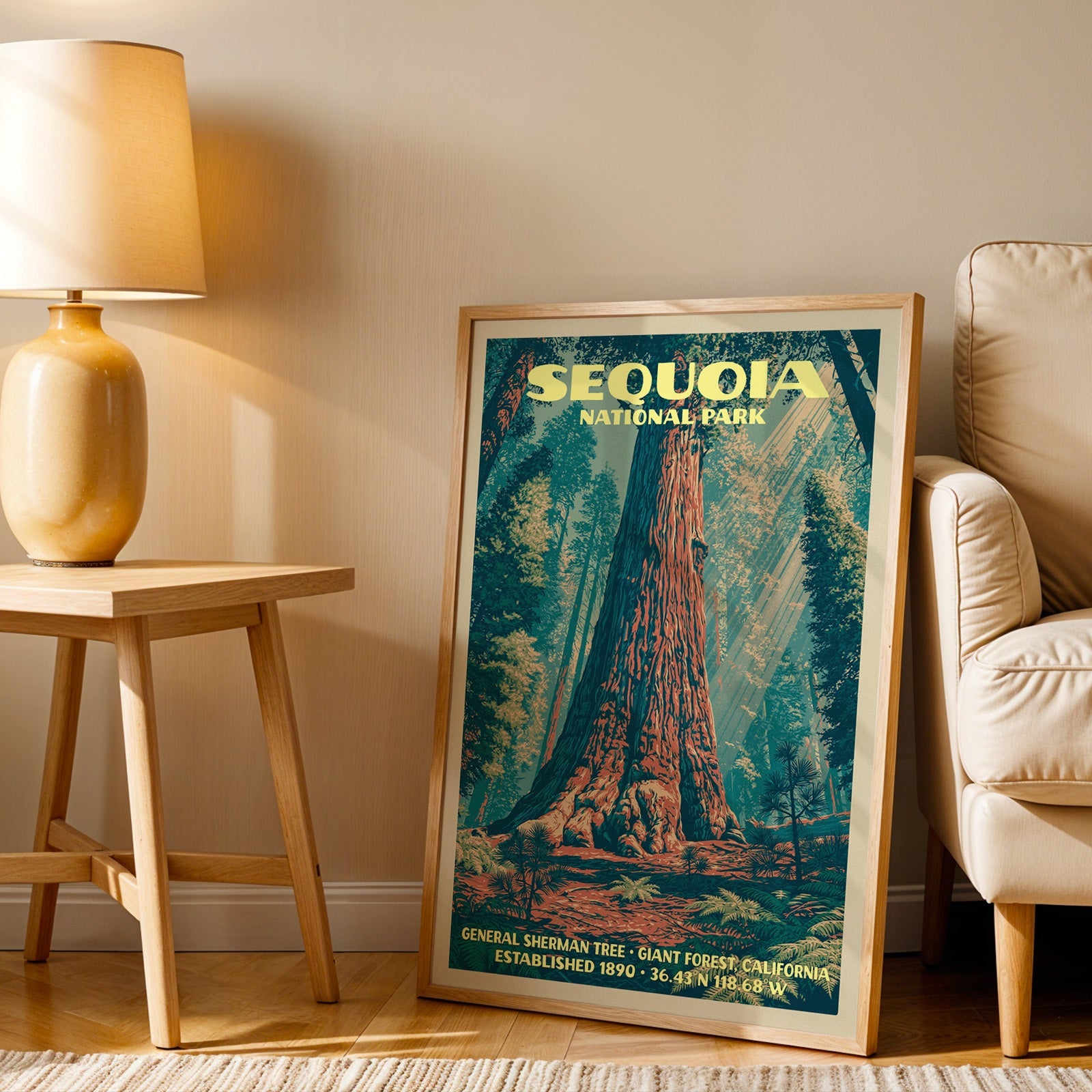 General Sherman Tree Sequoia wall art in oak, leaning by an armchair and a side table with an ochre lamp