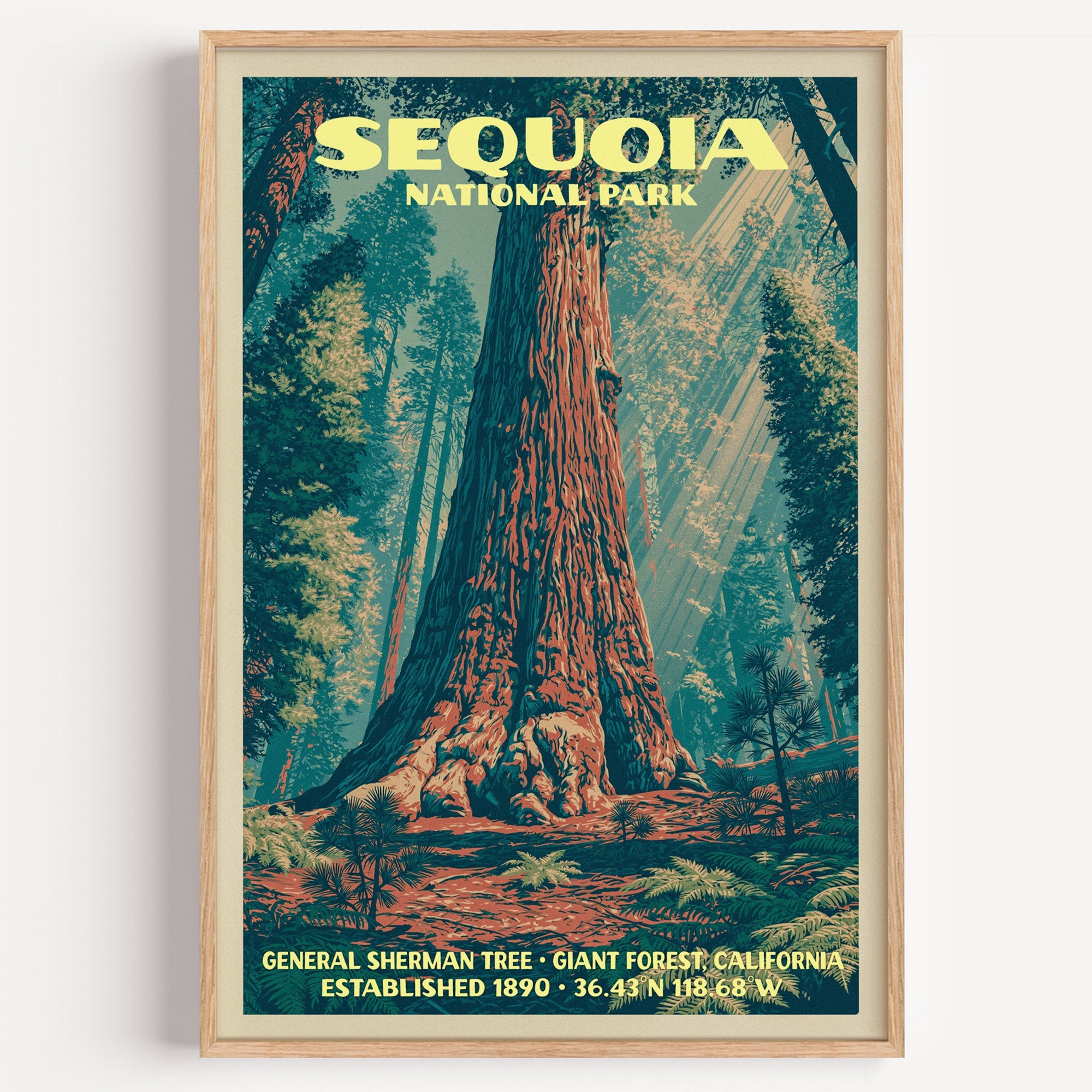 General Sherman Tree Sequoia National Park vintage print in a light oak frame on a plain white wall