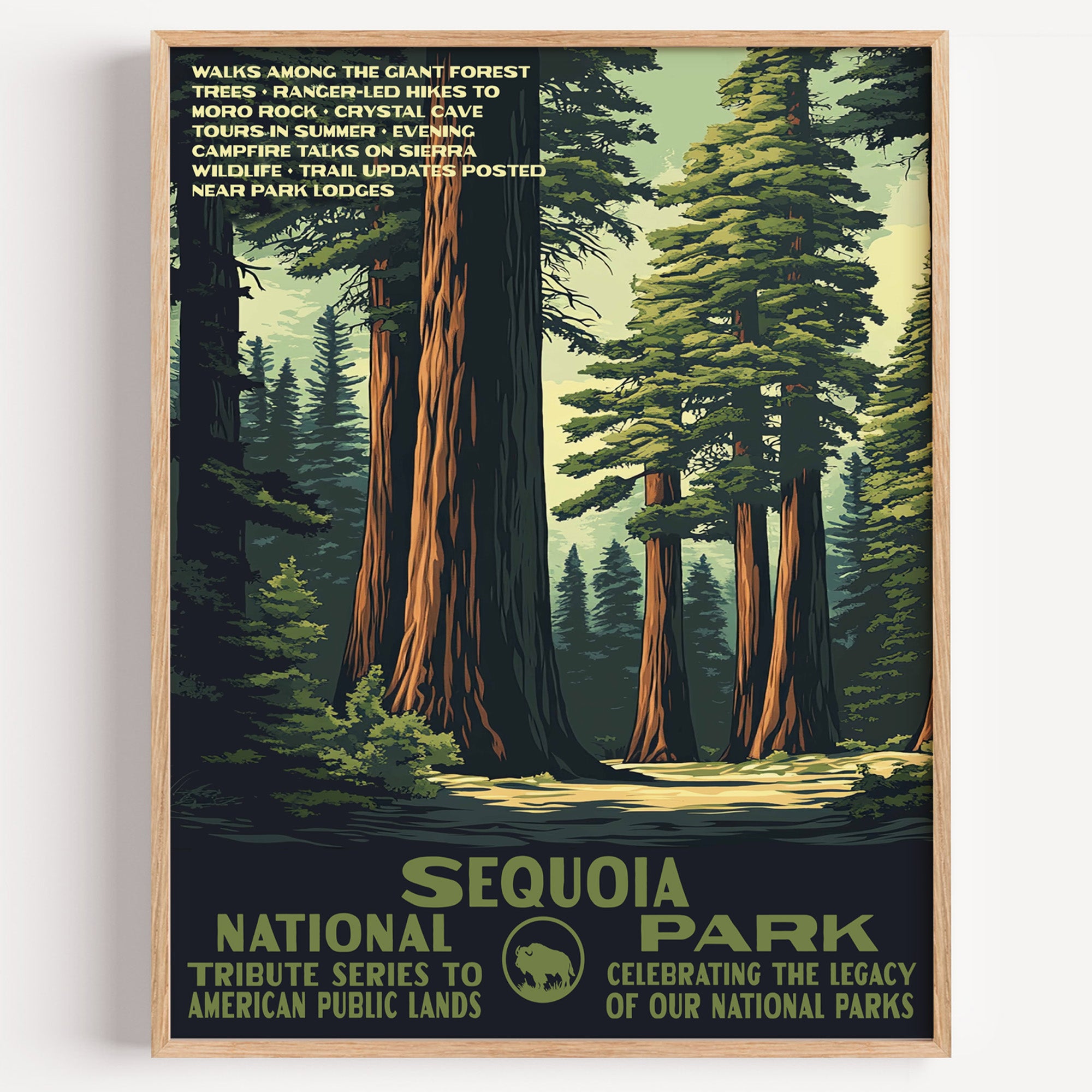Sequoia National Park wall art print in a thin wood frame, giant sequoia trunks rising through the forest