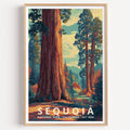 Sequoia National Park retro travel poster — massive giant sequoia trunks rising through a sunlit Sierra grove, California