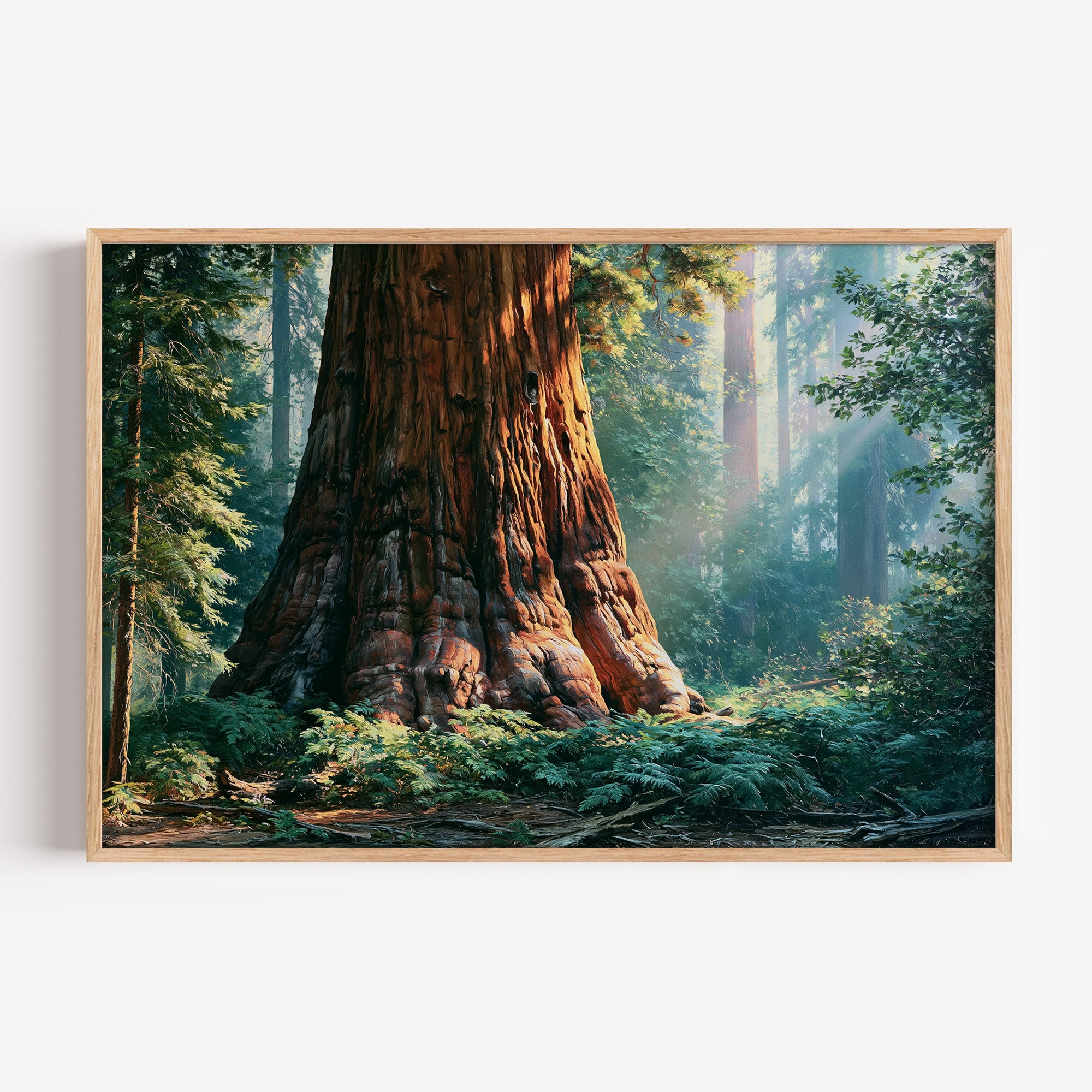 Sequoia National Park classical oil painting print in an oak frame: a giant sequoia in sunlit forest
