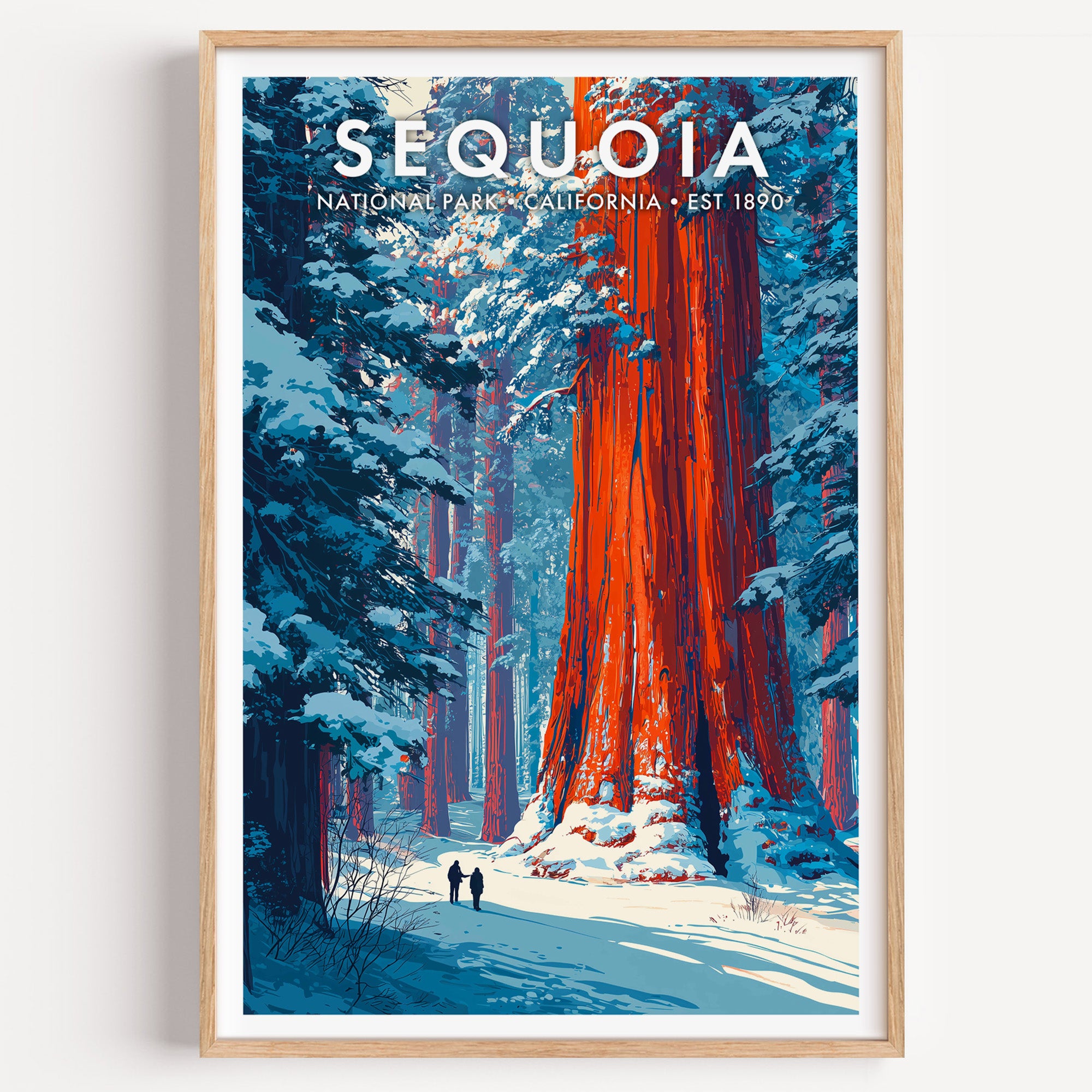 Sequoia National Park mid-century modern art print — a giant sequoia's cinnamon trunk rising through fresh snow