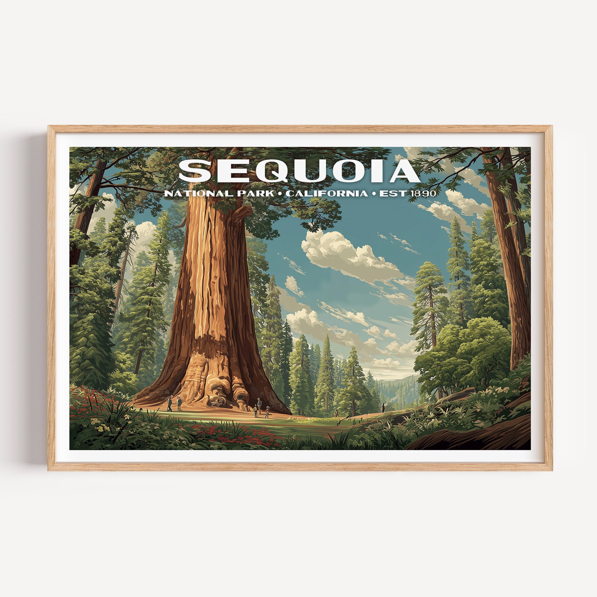 A giant sequoia dwarfing visitors at its base in a sunlit forest meadow — Sequoia National Park vintage WPA travel poster print