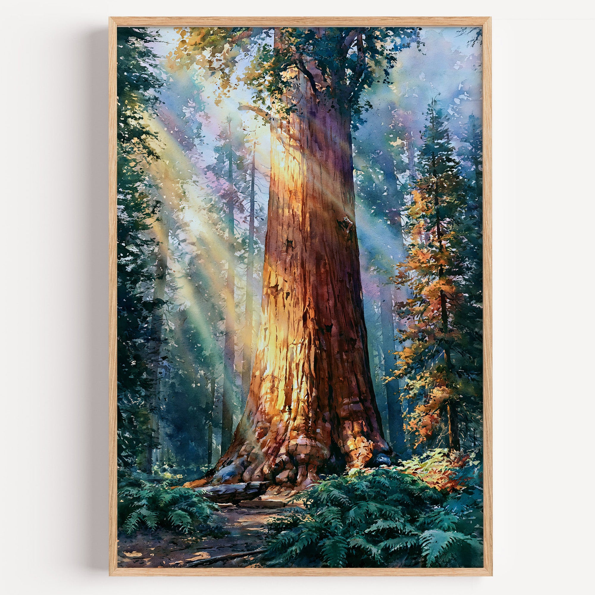 Sequoia National Park watercolor art print: giant sequoia trunk lit by shafts of sunlight through the forest
