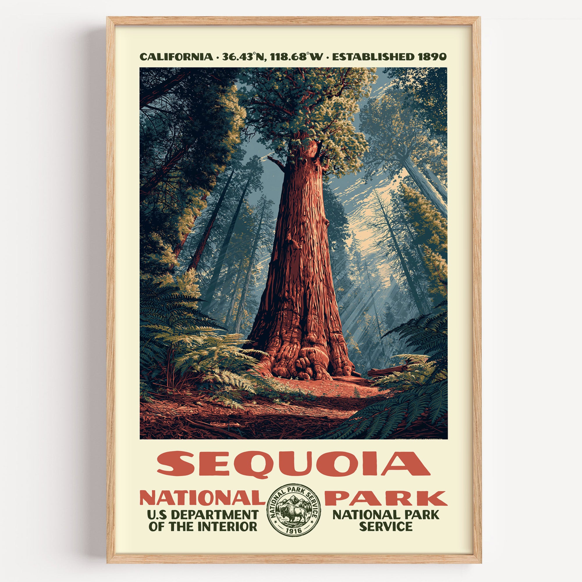 Sequoia National Park vintage WPA poster in a wood frame, a giant sequoia trunk lit by shafts of forest light