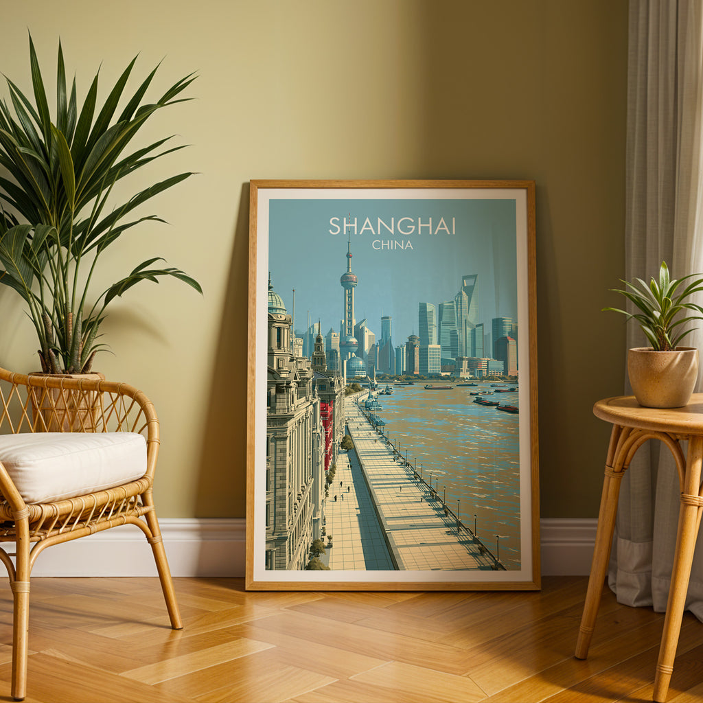 Large Shanghai China travel print in an oak frame leaning on a herringbone floor next to a rattan chair