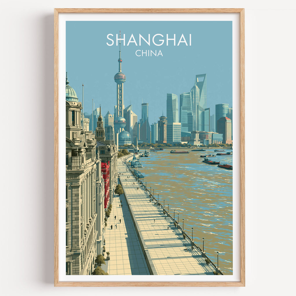 Shanghai China travel poster in a natural wood frame, shown against a clean white wall