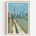 Shanghai China travel poster in a natural wood frame, shown against a clean white wall