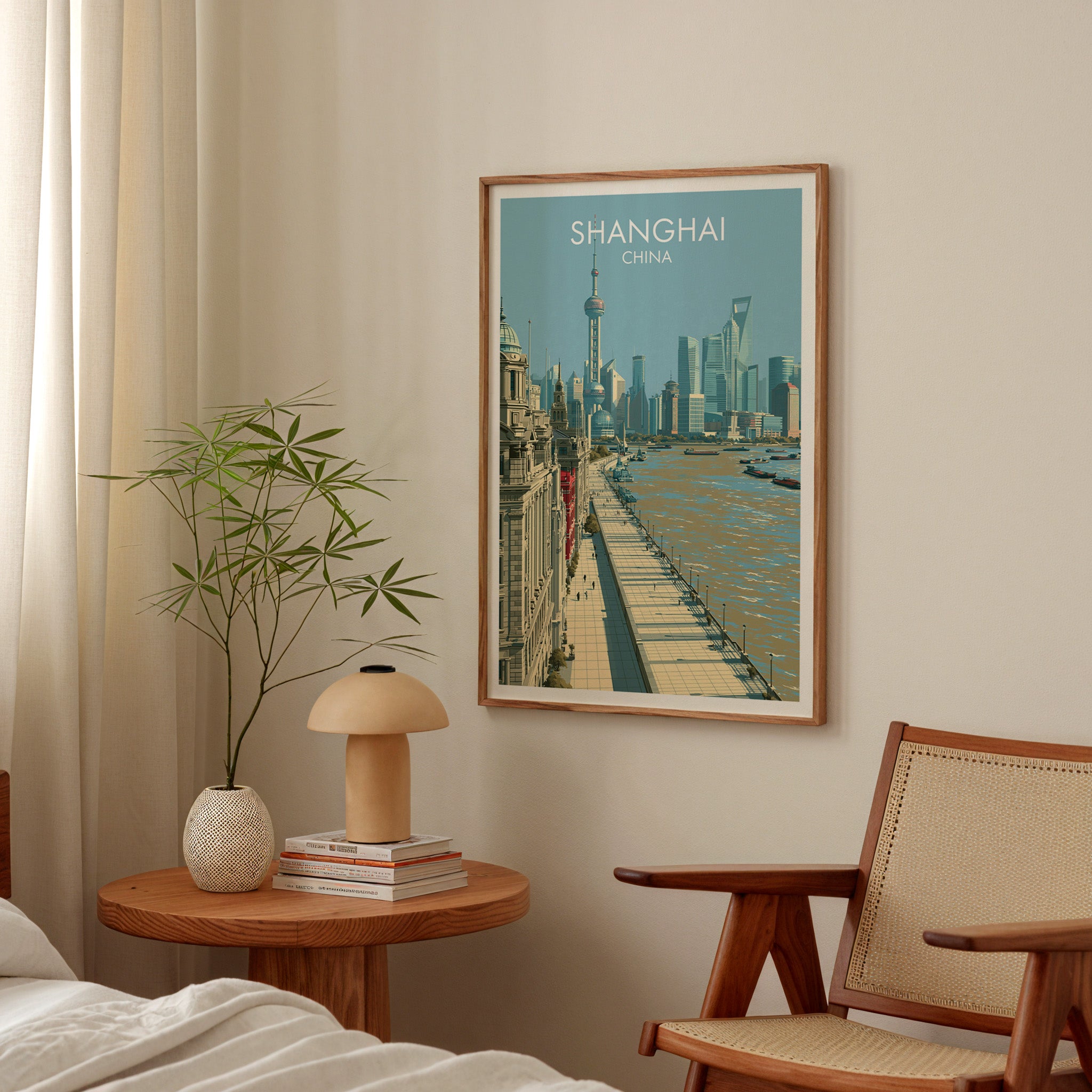 Shanghai China poster above a bedroom nightstand with a bamboo plant and mushroom lamp