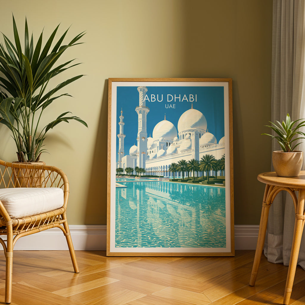 Large Sheikh Zayed Mosque Abu Dhabi travel print in an oak frame leaning on a herringbone floor next to a rattan chair
