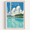 Sheikh Zayed Mosque Abu Dhabi travel poster in a natural wood frame, shown against a clean white wall