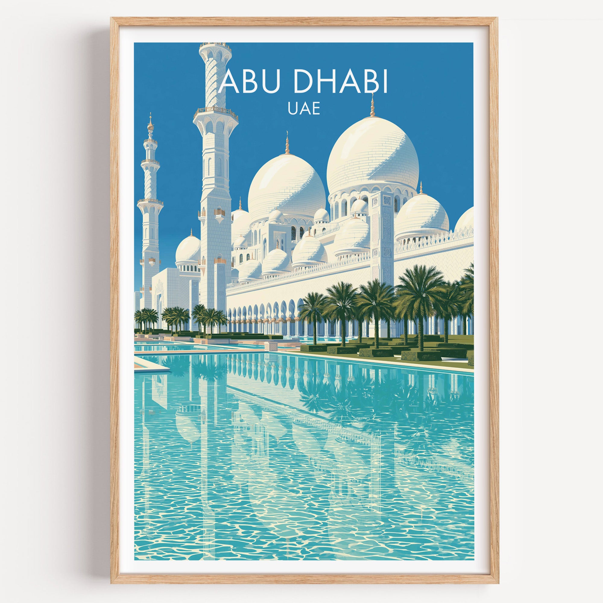 Sheikh Zayed Mosque Abu Dhabi travel poster in a natural wood frame, shown against a clean white wall