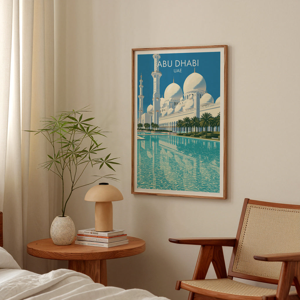 Sheikh Zayed Mosque Abu Dhabi poster above a bedroom nightstand with a bamboo plant and mushroom lamp