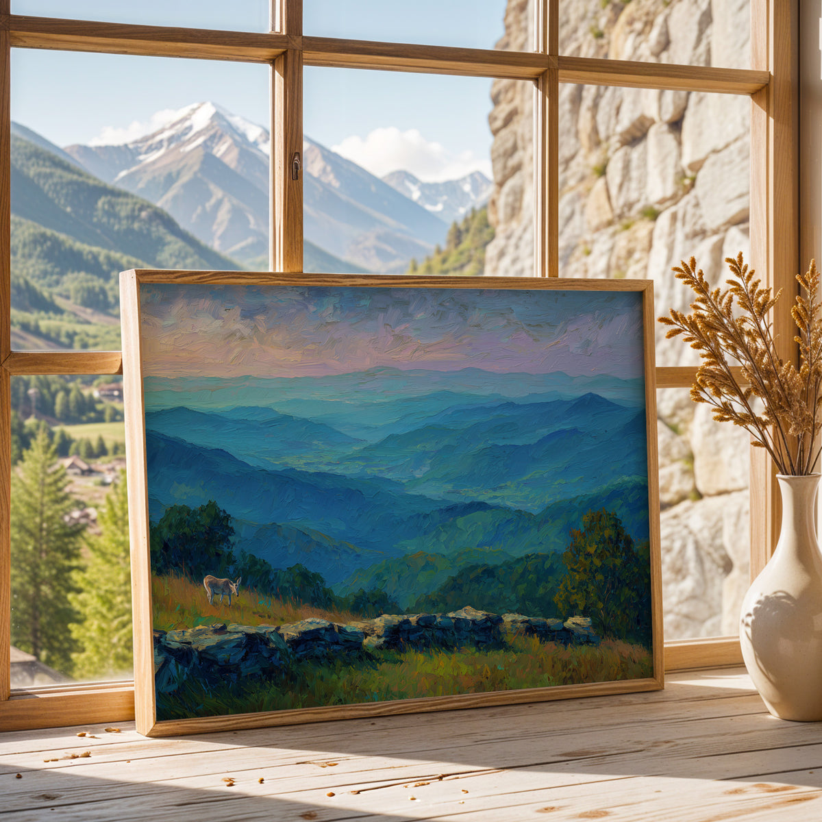 Shenandoah National Park art print in a gold frame above a beige sofa with teal pillows