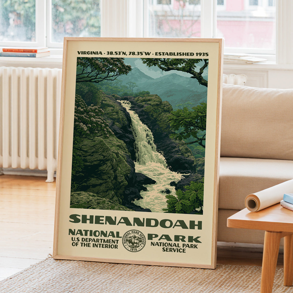 Shenandoah National Park WPA travel poster leaning on a sunlit living room wall beside a linen sofa