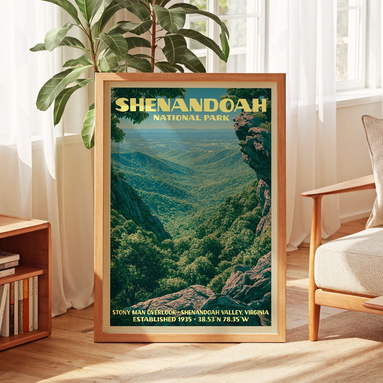 Shenandoah blue ridge print in oak, leaning by a sunlit window with sheer curtains and a low bookshelf
