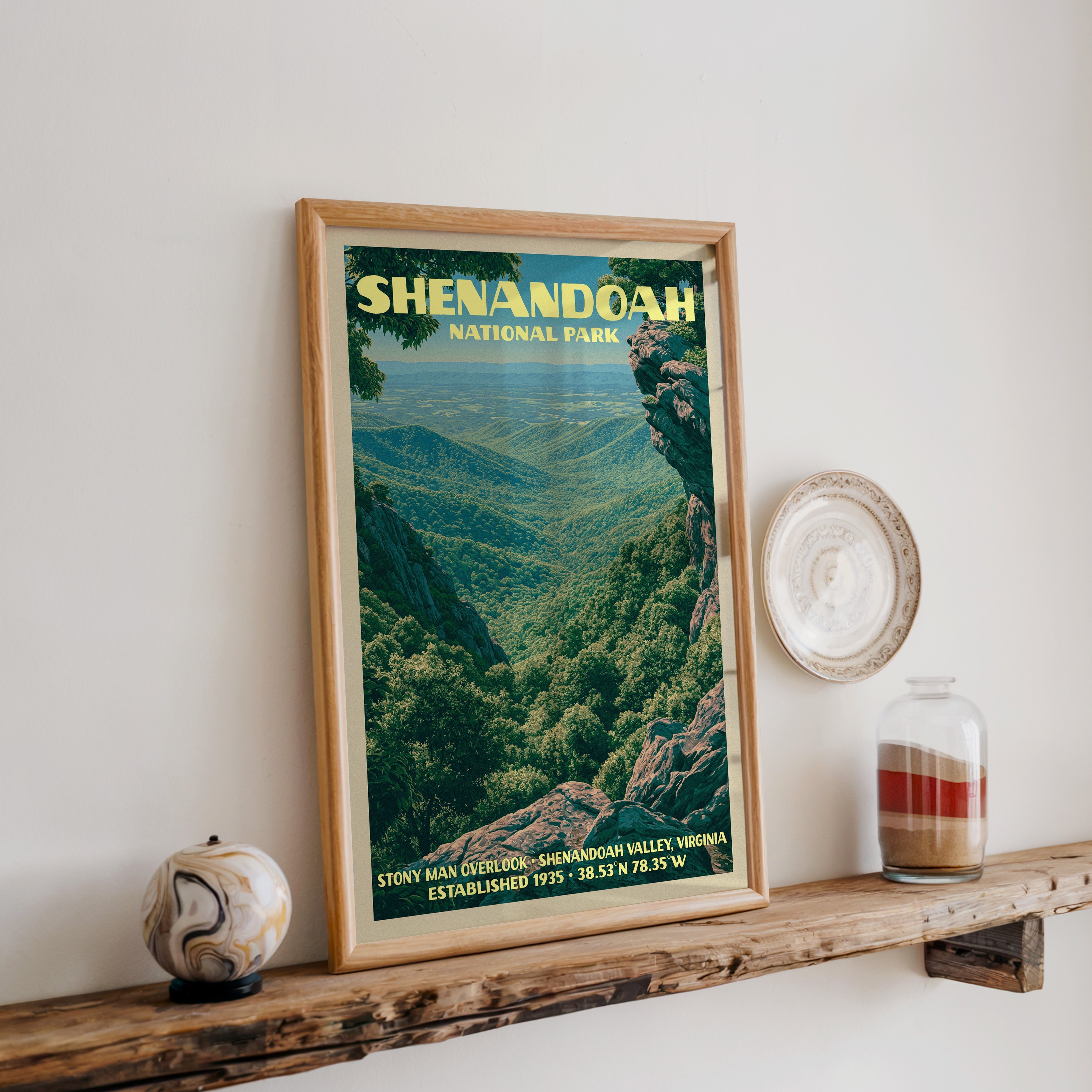 Shenandoah Stony Man print in oak, leaning on a reclaimed wood ledge with a stone sphere and sand jar