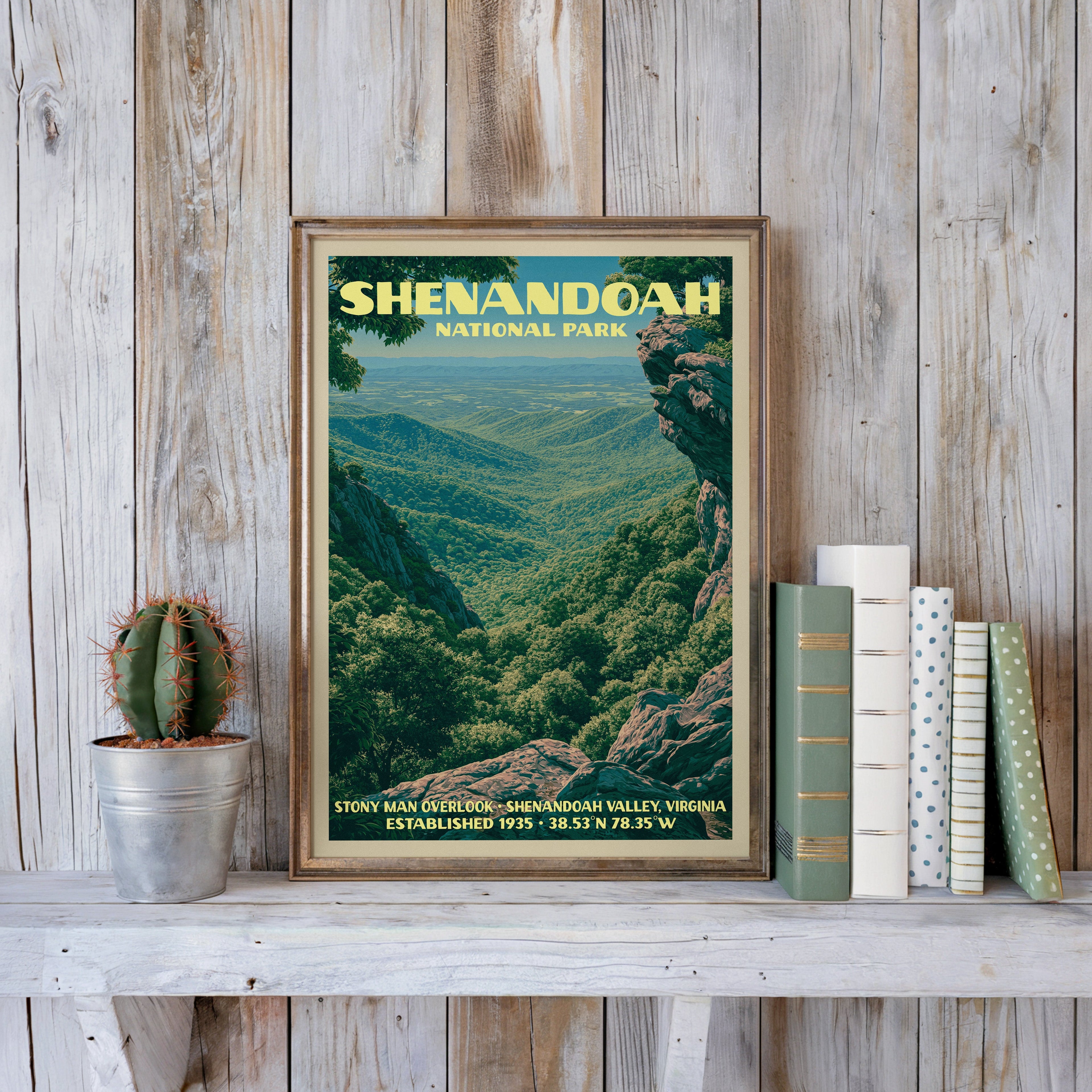 Shenandoah valley print in a slim gold frame on a whitewashed plank wall beside a cactus and pastel books