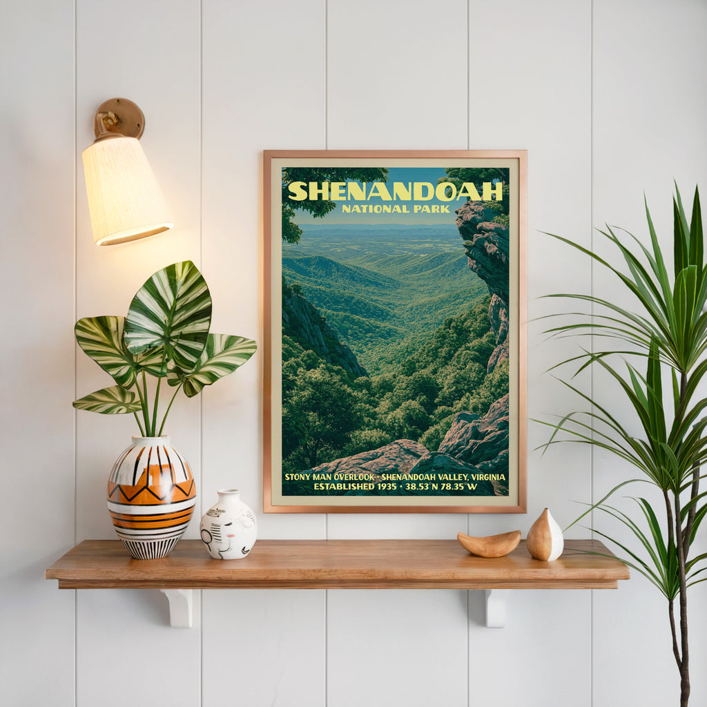 Stony Man Overlook print framed on white panelling above an oak shelf with a patterned vase and sconce