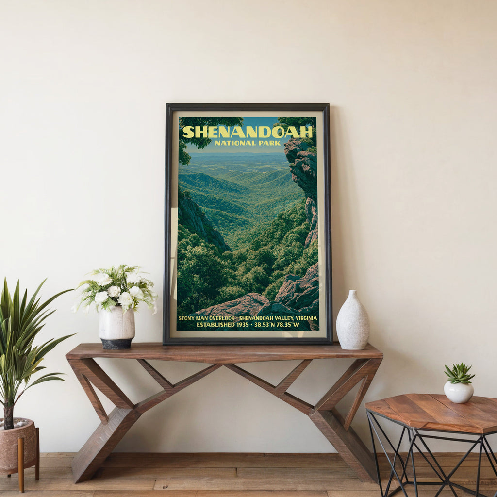 Shenandoah Stony Man wall art in black, leaning on a walnut console with white anemones and a vase
