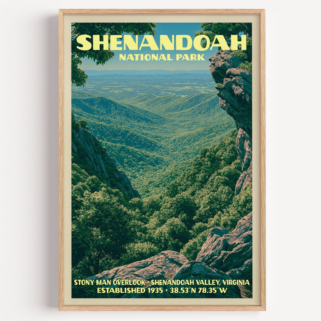 Stony Man Overlook Shenandoah National Park vintage print in a light oak frame on a plain white wall