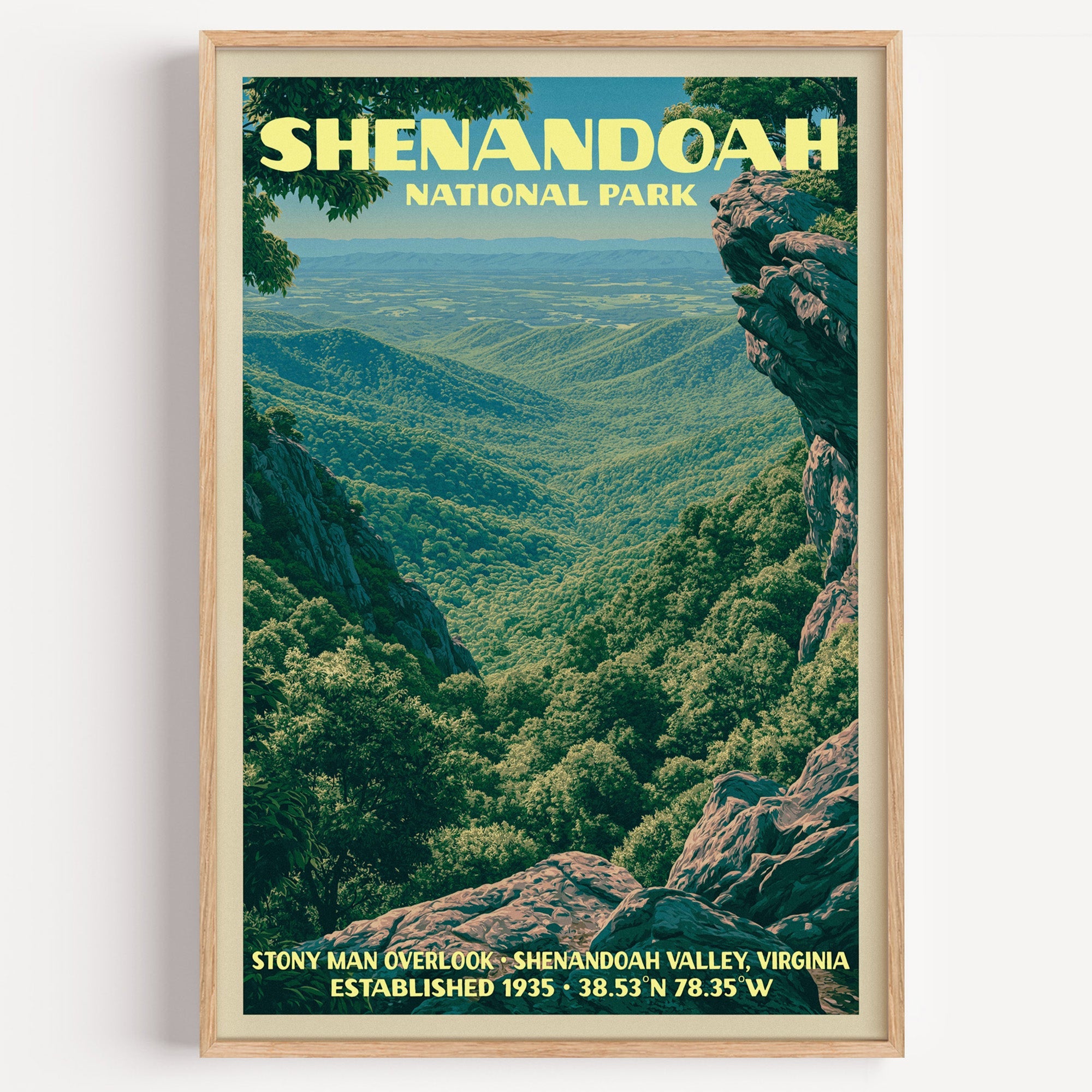 Stony Man Overlook Shenandoah National Park vintage print in a light oak frame on a plain white wall
