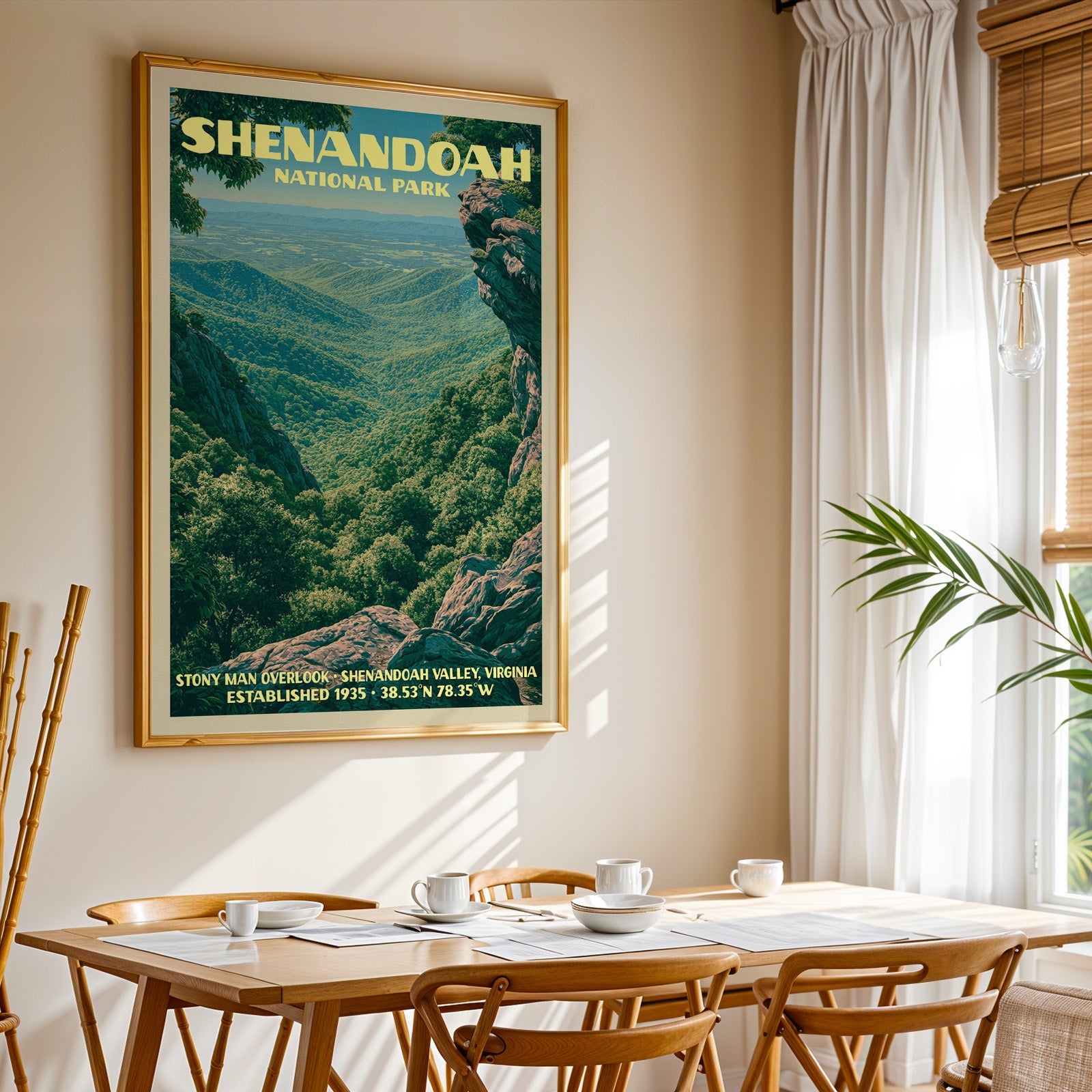 Shenandoah National Park print in gold above a light oak dining table by a curtained window