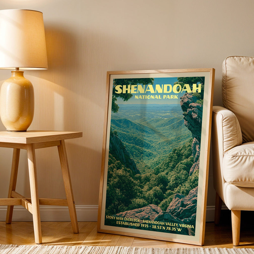 Stony Man Overlook Shenandoah wall art in oak, leaning by an armchair and a side table with an ochre lamp