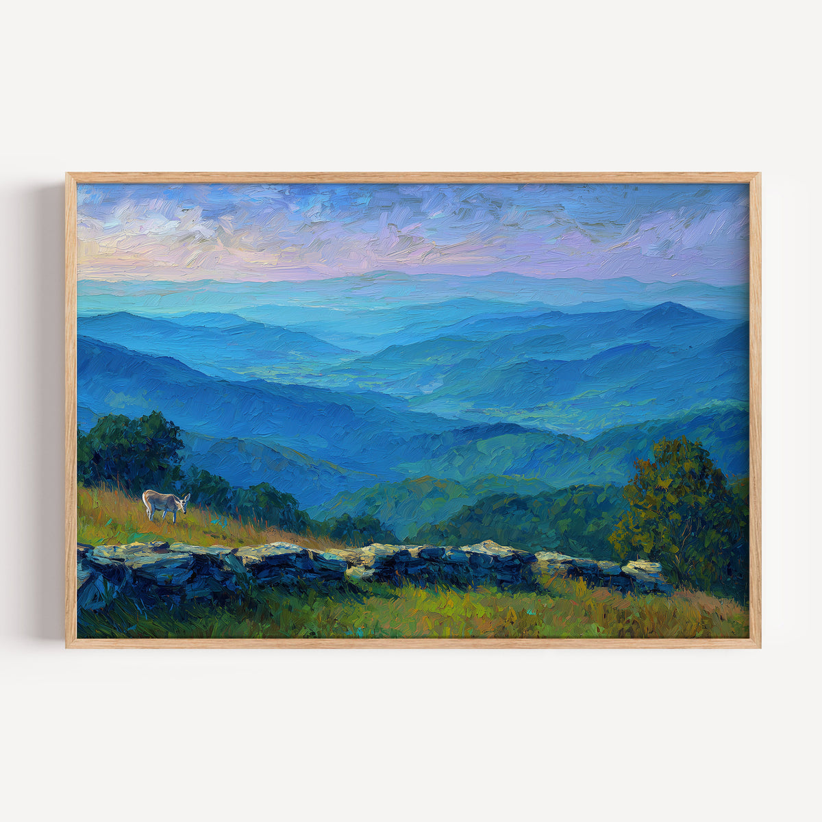 Shenandoah National Park oil painting print in an oak frame: a deer on a Blue Ridge overlook