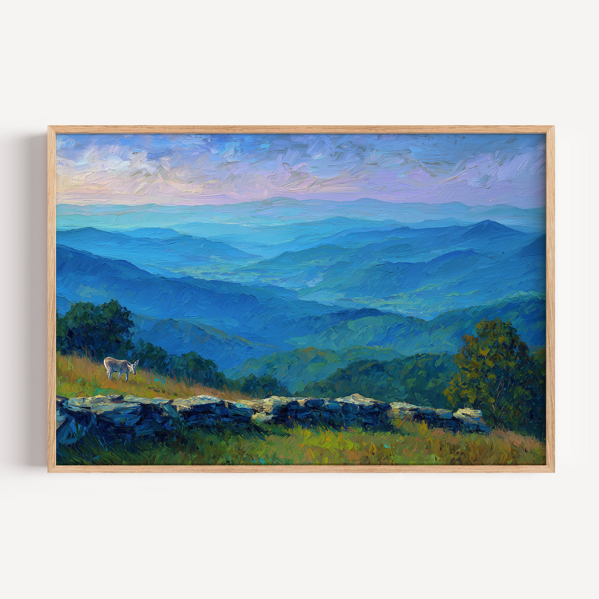 Shenandoah National Park oil painting print in an oak frame: a deer on a Blue Ridge overlook