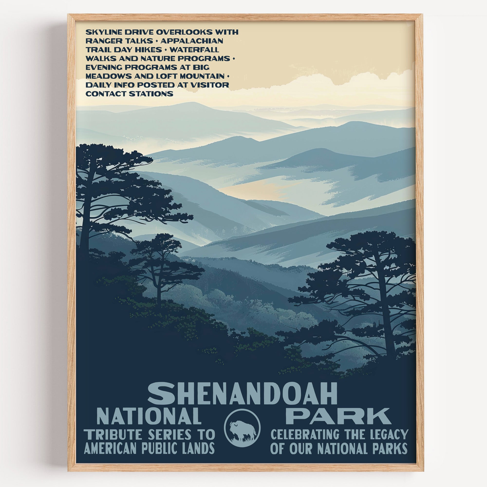 Shenandoah National Park wall art print in a thin wood frame, rolling blue ridges layered away into the distance