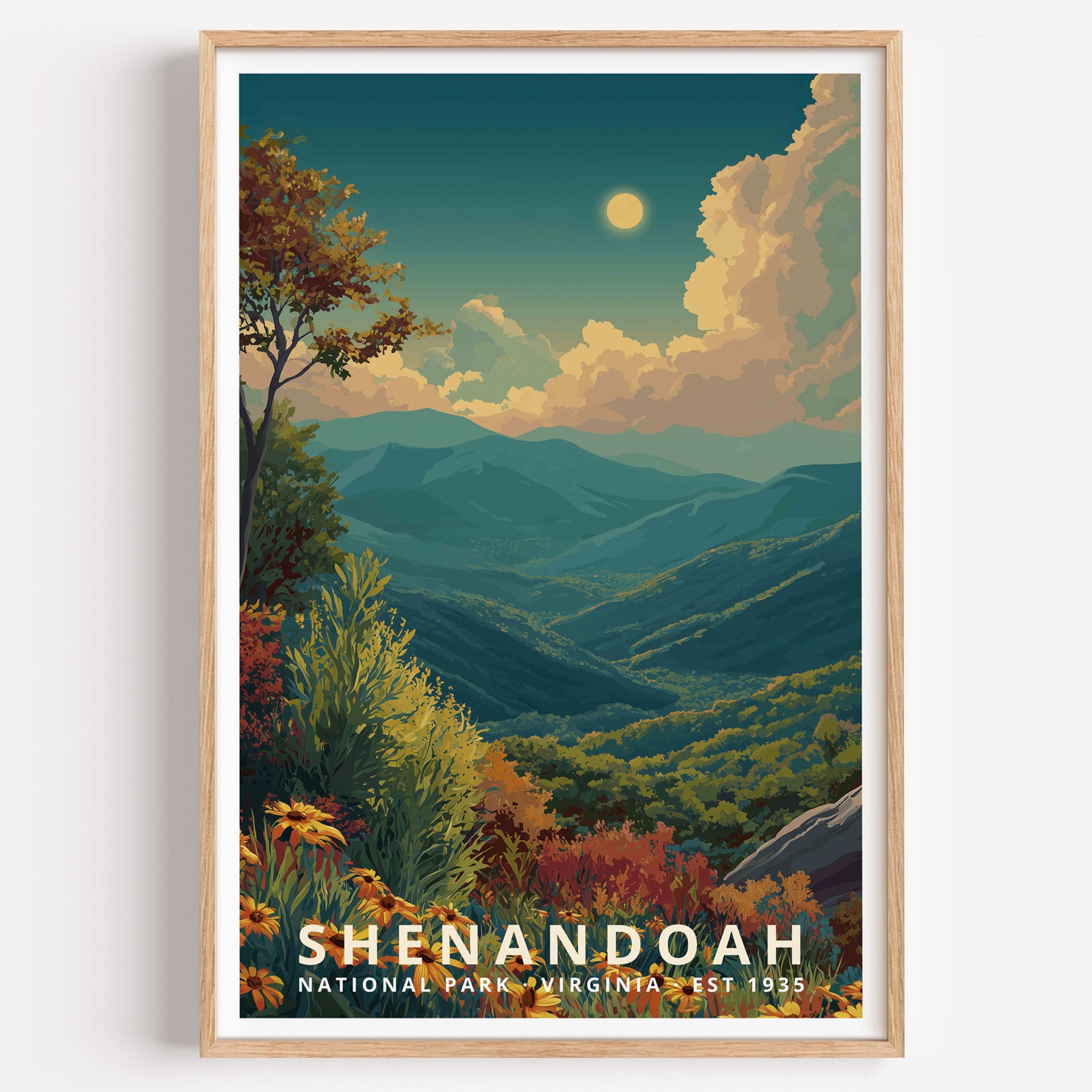 Shenandoah National Park retro travel poster — layered Blue Ridge mountains under a pale sun and autumn foreground, Virginia