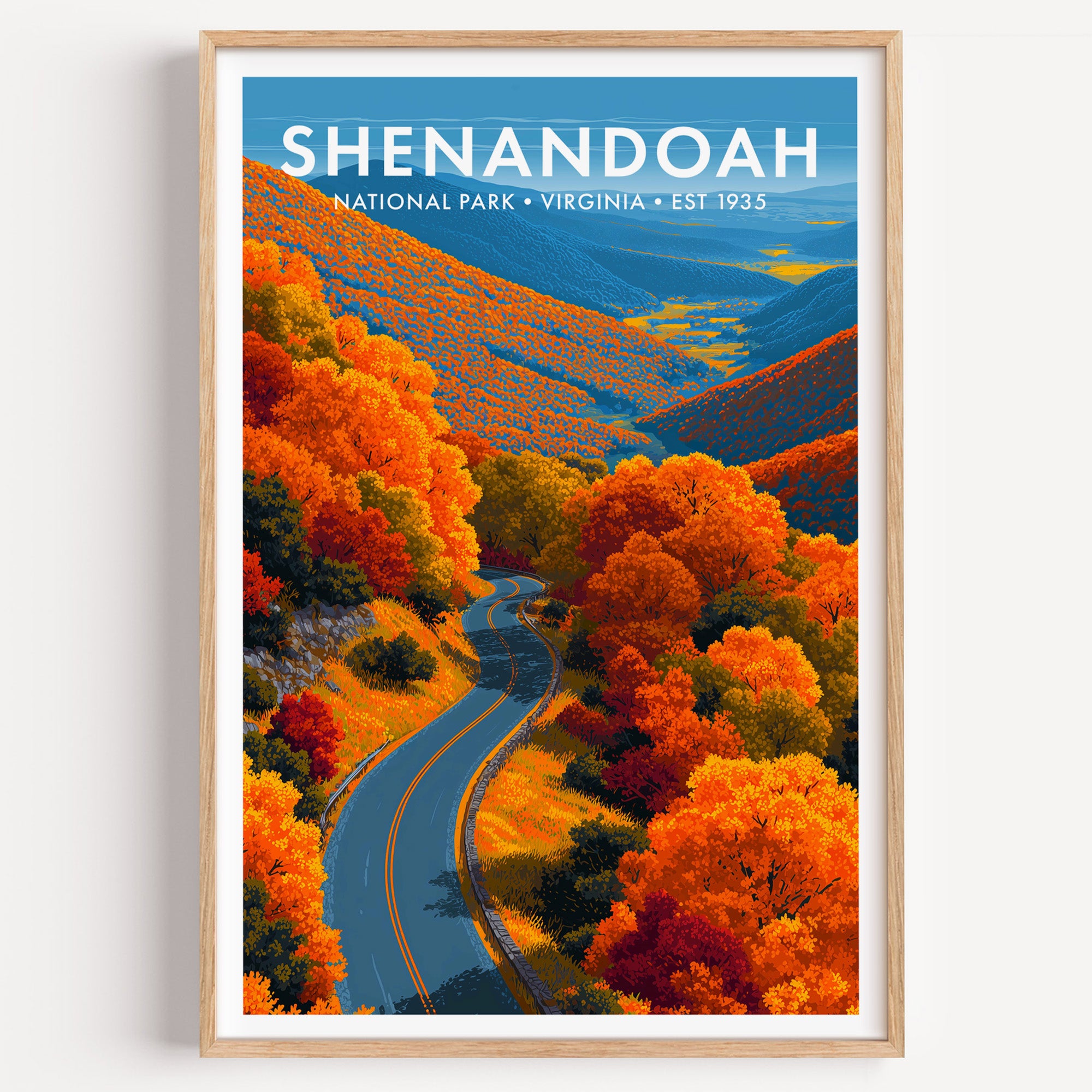 Shenandoah National Park mid-century modern art print — Skyline Drive curving along the ridge crest at peak autumn