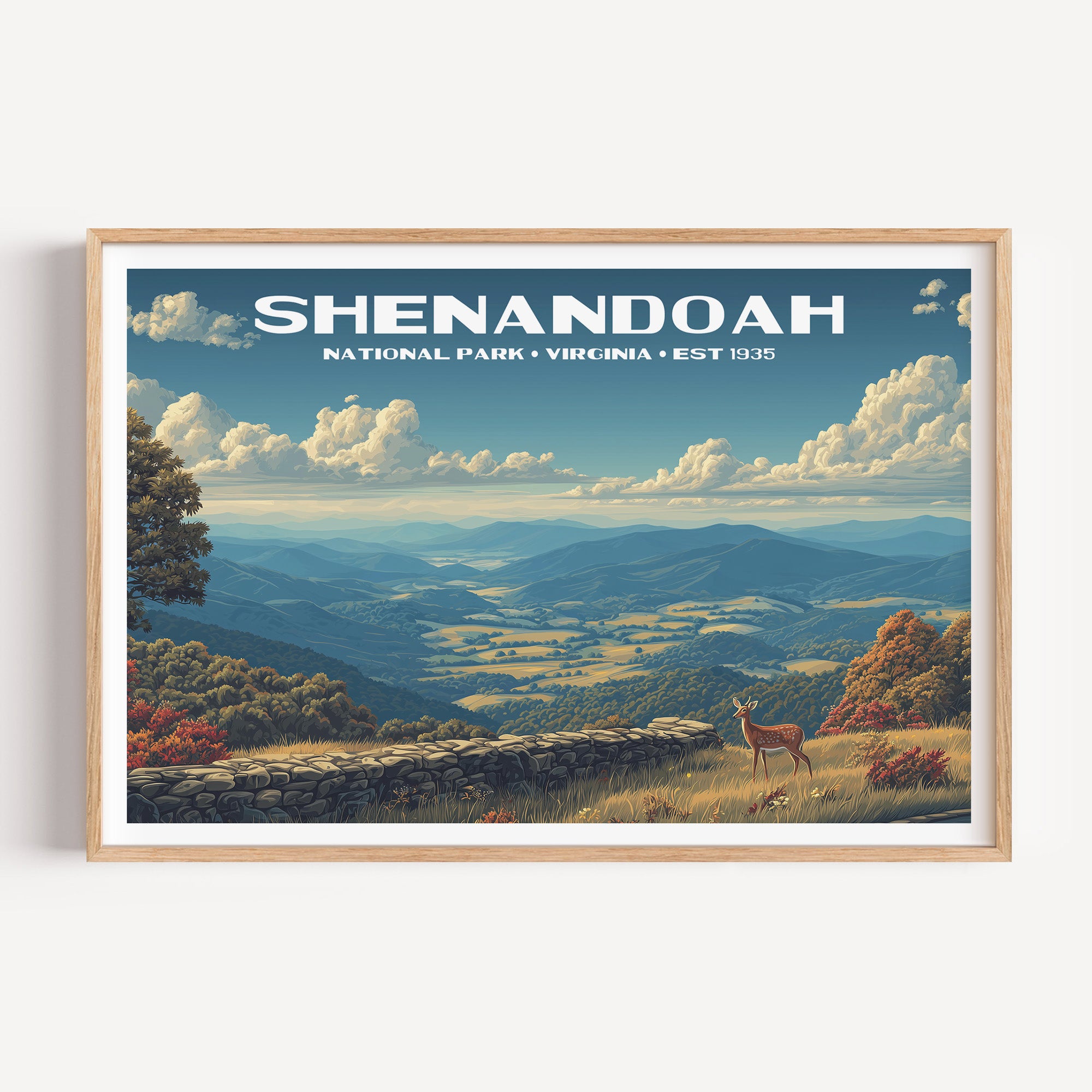 A deer on a Blue Ridge overlook with a stone wall above the Shenandoah Valley — Shenandoah National Park vintage WPA travel poster print